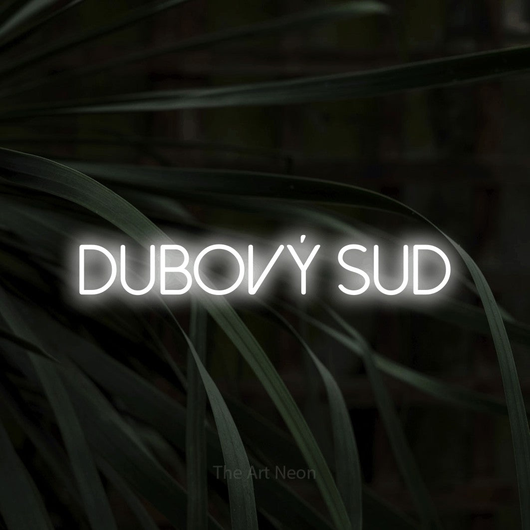 LED neon sign reading “dubový sud”, arranged in a single line.