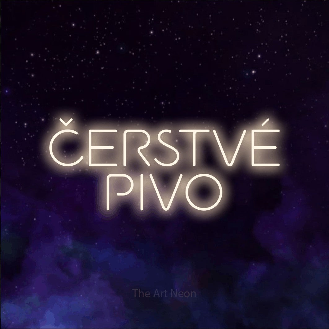 LED neon sign reading “ČERSTVÉ PIVO”, arranged in two lines.