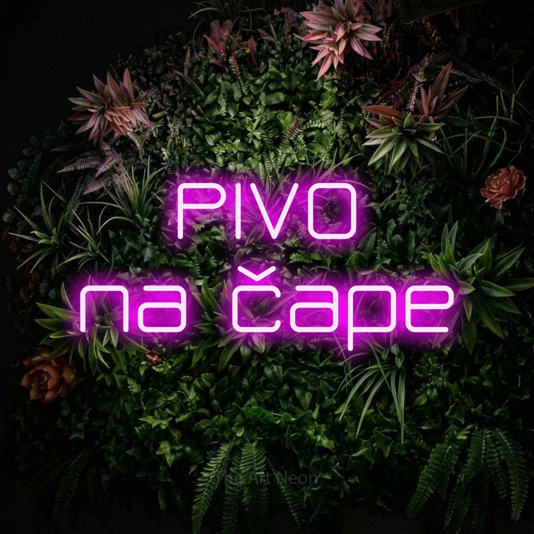 LED neon sign reading “PIVO na čape”, arranged in two lines.