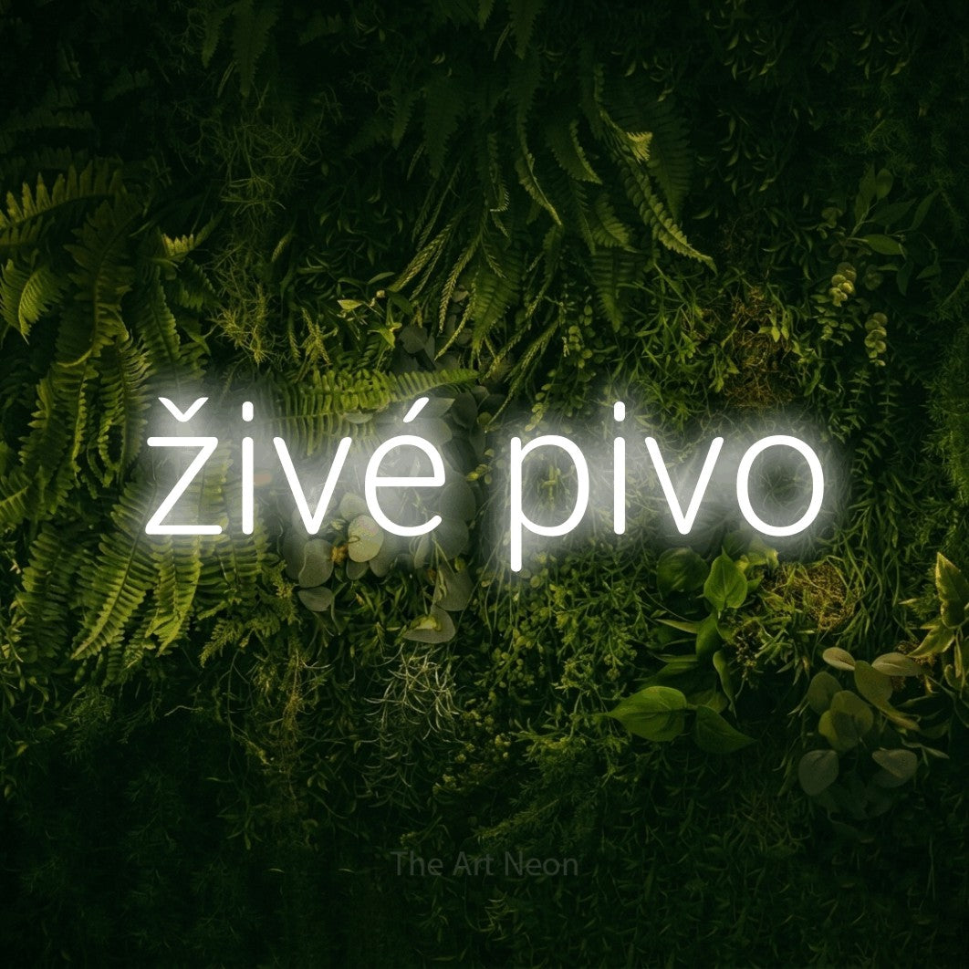 LED neon sign reading “živé pivo”, arranged in a single line.