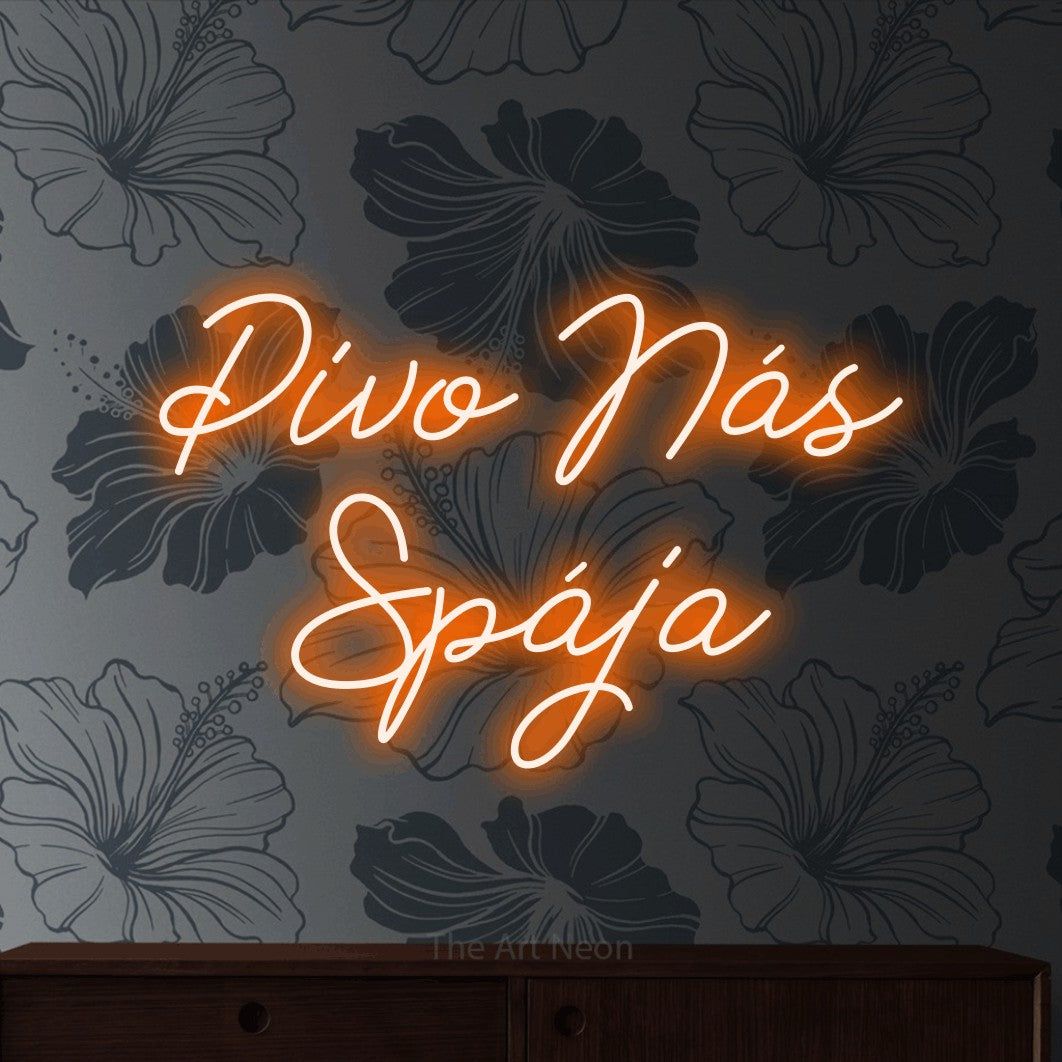 LED neon sign reading “Pivo Nás Spája”, arranged in two lines.