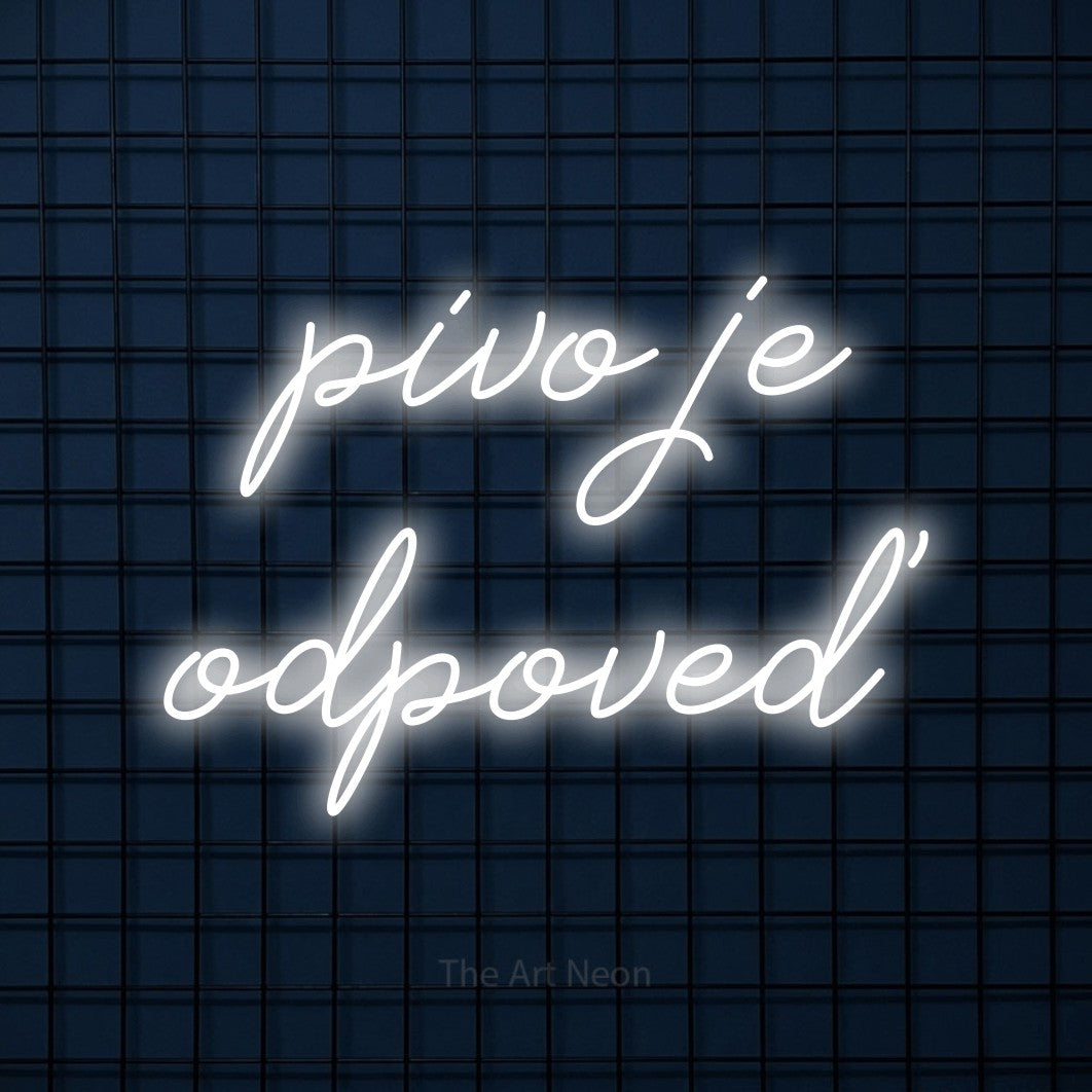 LED neon sign reading “pivo je odpoveď”, arranged in two lines.