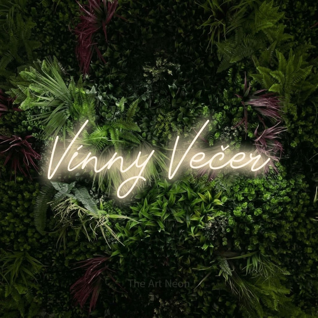 LED neon sign reading “Vínny Večer”, arranged in a single line.