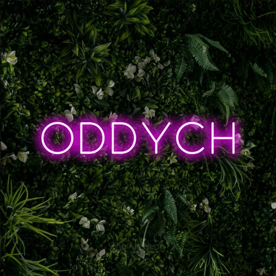 LED neon sign reading “oddych”, arranged in a single line.