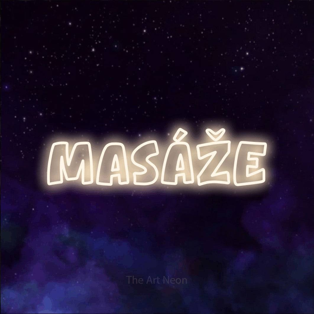 LED neon sign reading “Masáže”, arranged in a single line.