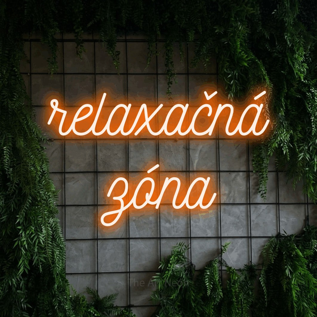 LED neon sign reading “relaxačná zóna”, arranged in two lines.