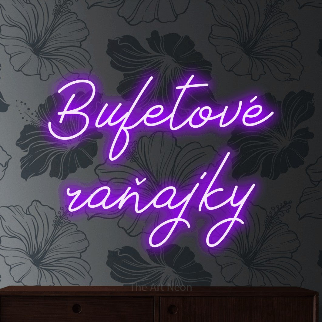 LED neon sign reading “Bufetové raňajky”, arranged in two lines.