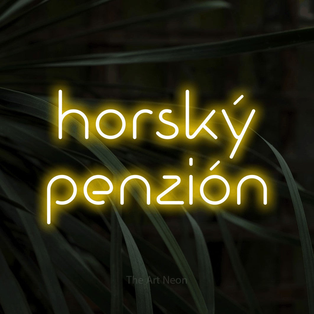 LED neon sign reading “horský penzión”, arranged in two lines.