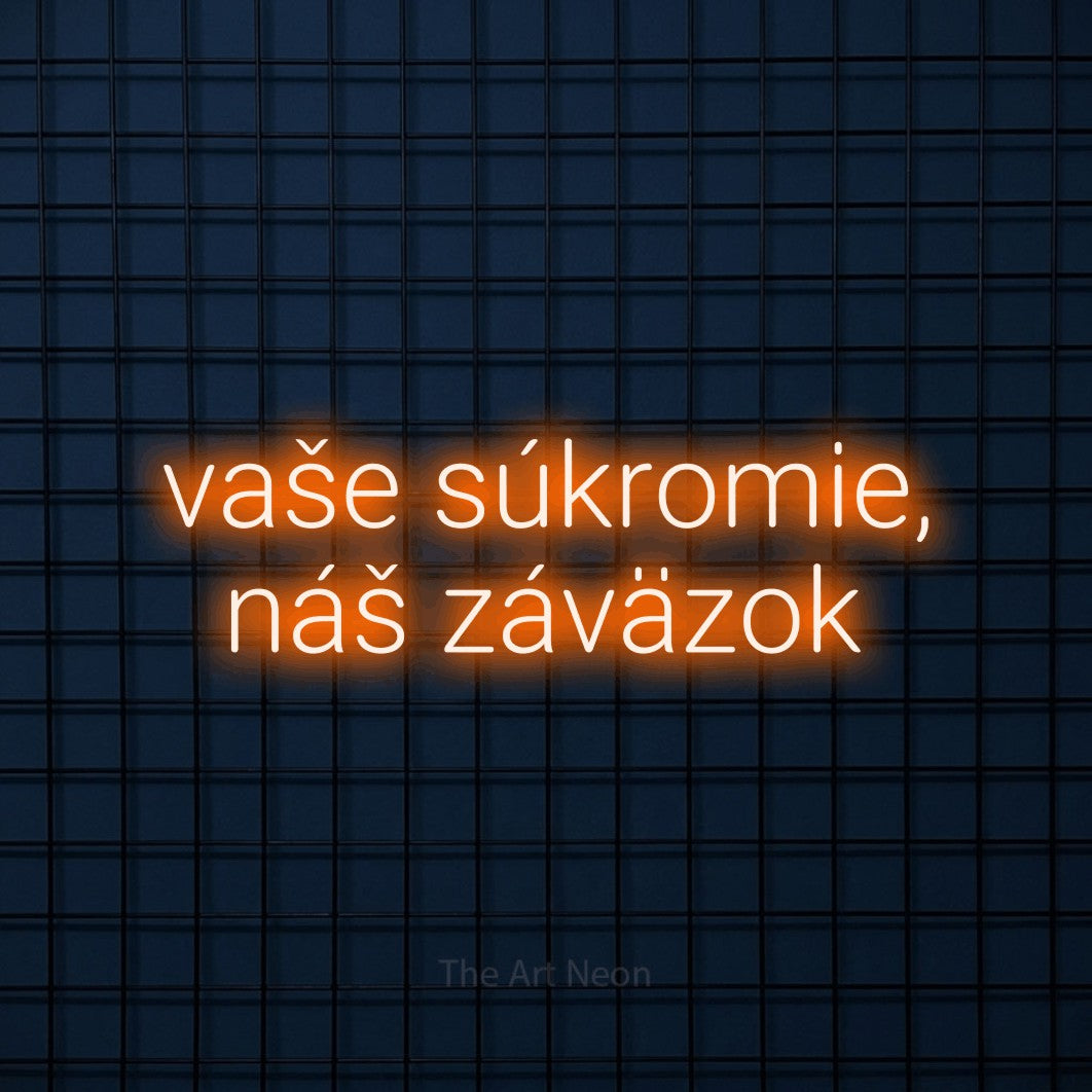 LED neon sign reading “vaše súkromie, náš záväzok”, arranged in two lines.
