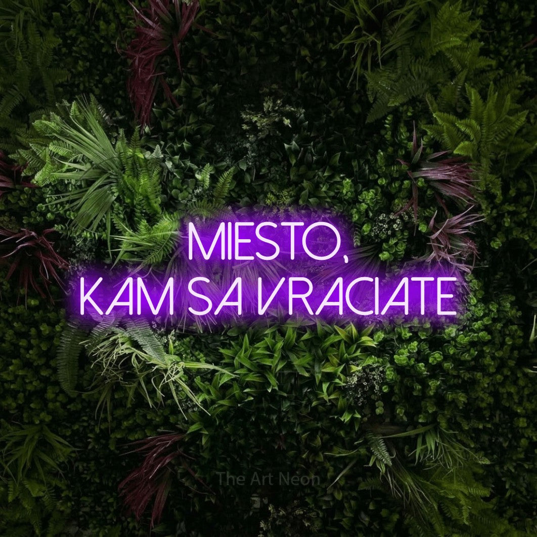 LED neon sign reading “miesto, kam sa vraciate”, arranged in two lines.
