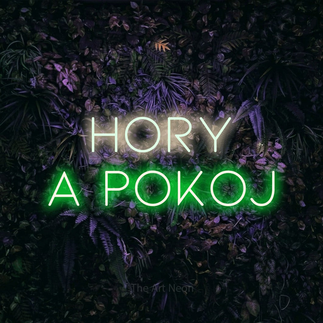 LED neon sign reading “Hory a pokoj”, arranged in two lines.
