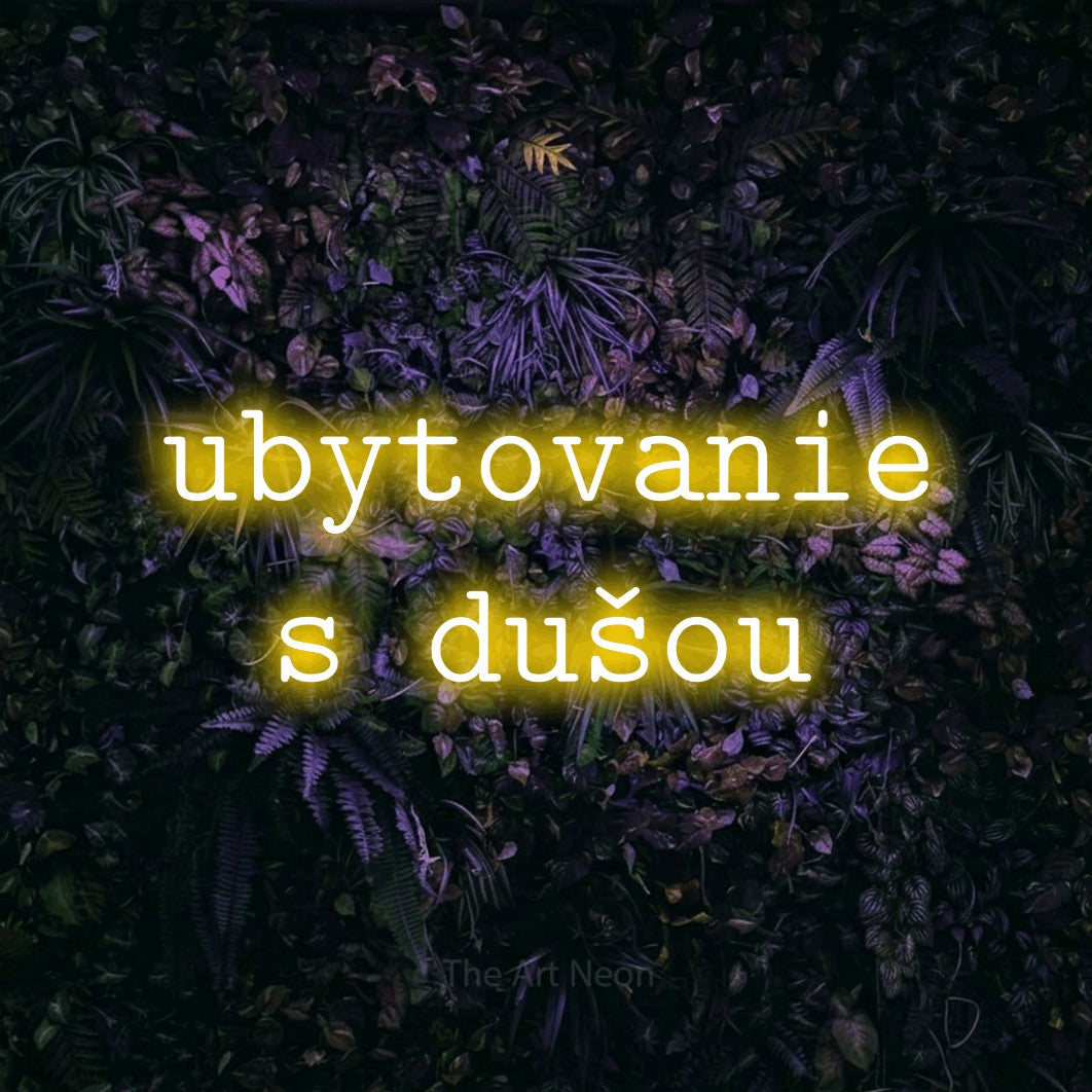 LED neon sign reading “ubytovanie s dušou”, arranged in two lines.