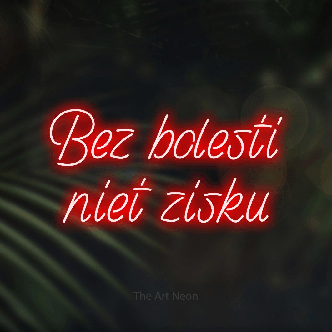 LED neon sign reading “Bez bolesti niet zisku”, arranged in two lines.