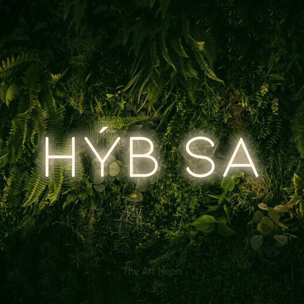 LED neon sign reading “Hýb sa”, arranged in a single line.