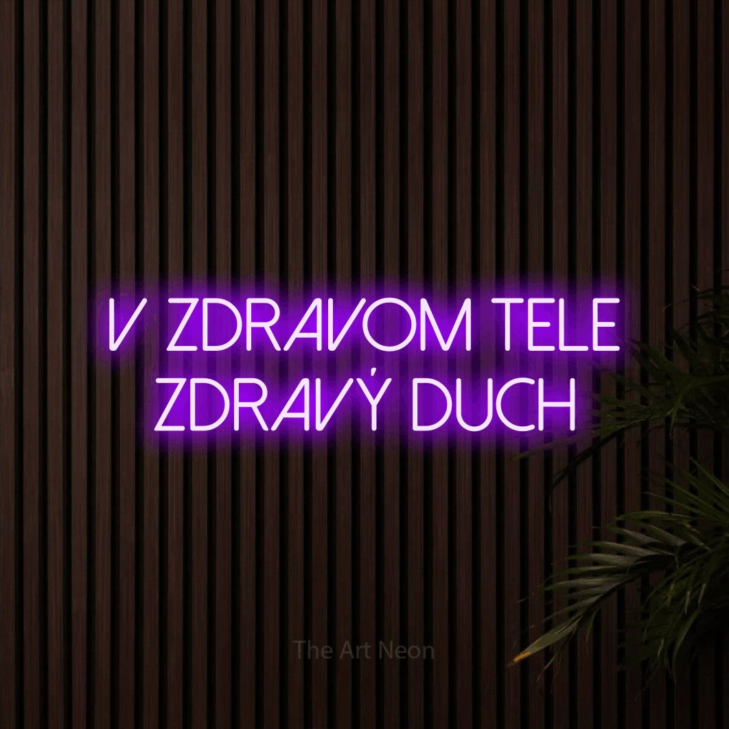LED neon sign reading “v zdravom tele zdravý duch”, arranged in two lines.