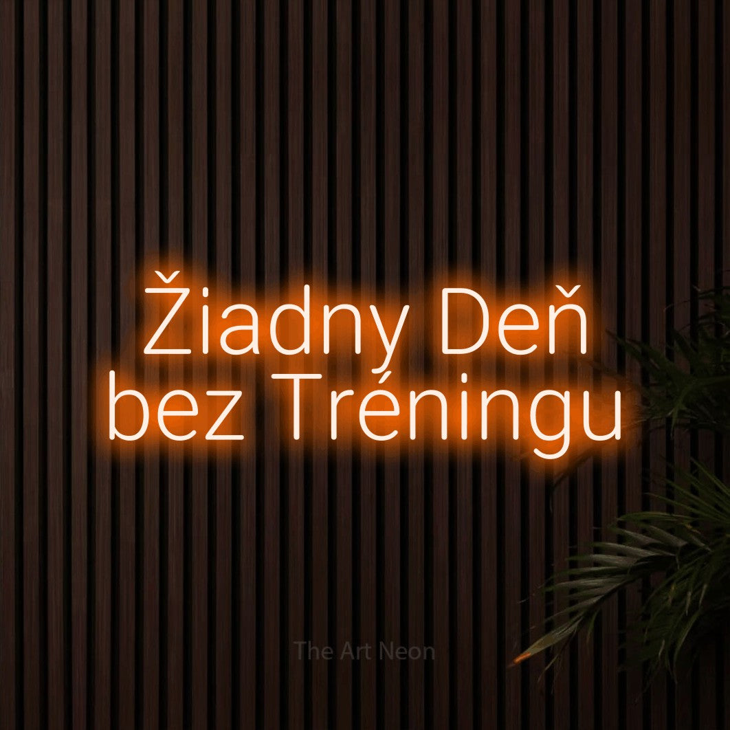 LED neon sign reading “Žiadny Deň bez Tréningu”, arranged in two lines.
