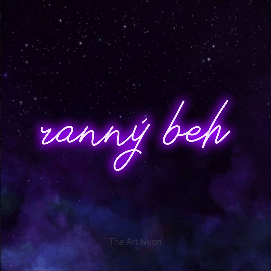 LED neon sign reading “ranný beh”, arranged in a single line.