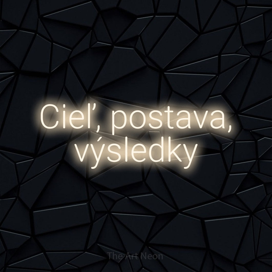 LED neon sign reading “Cieľ, postava, výsledky”, arranged in two lines.