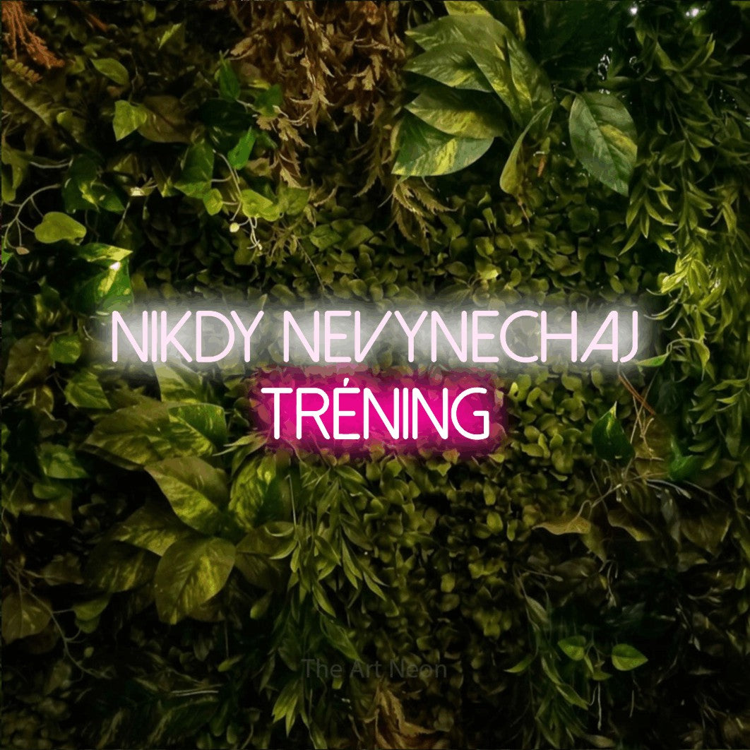 LED neon sign reading “NIKDY NEVYNECHAJ TRÉNING”, arranged in two lines.
