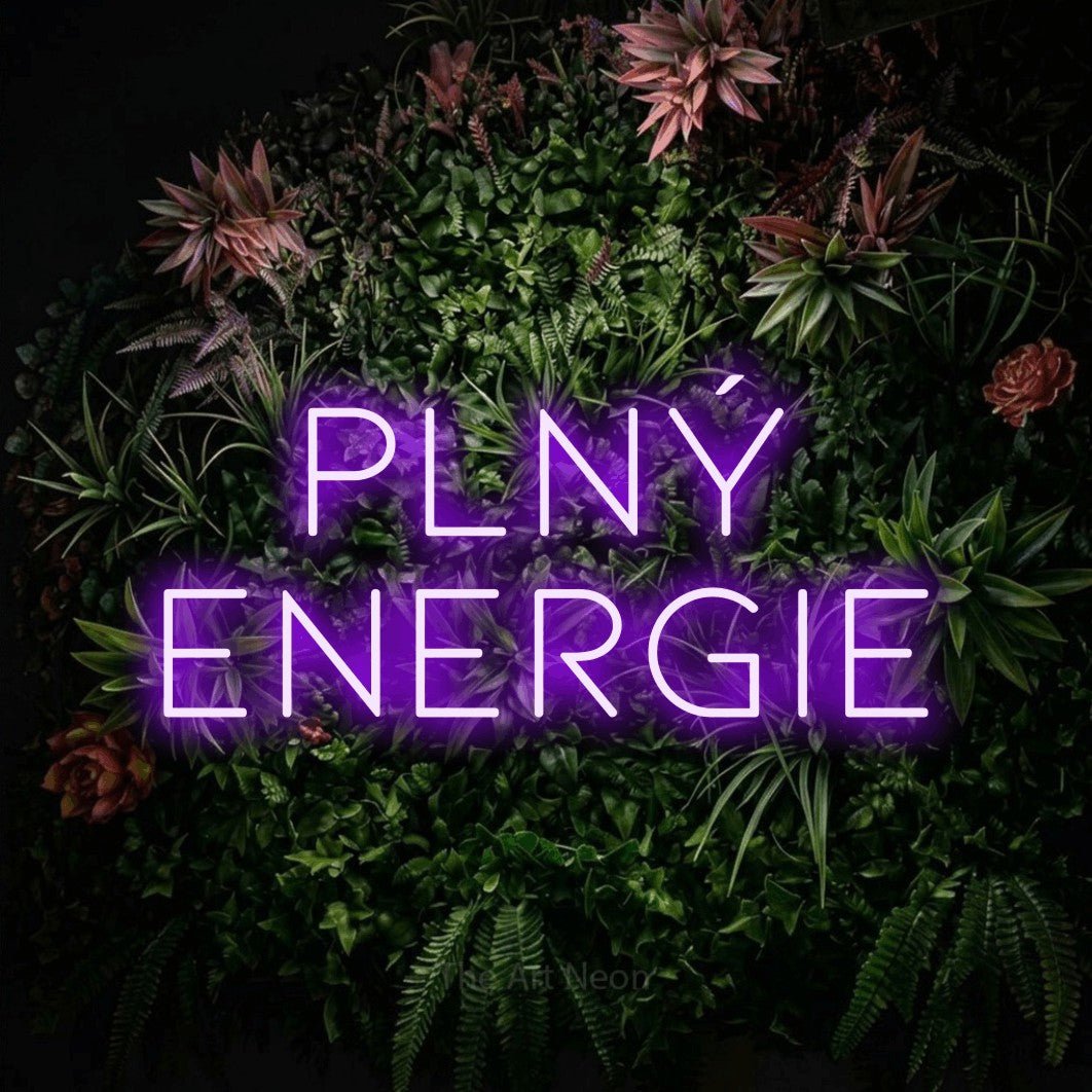 LED neon sign reading “Plný Energie”, arranged in two lines.