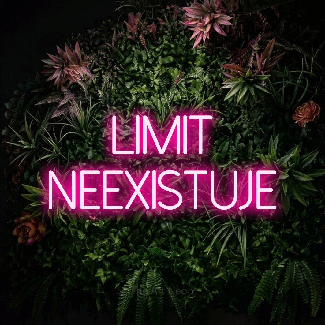 LED neon sign reading “LIMIT NEEXISTUJE”, arranged in two lines.