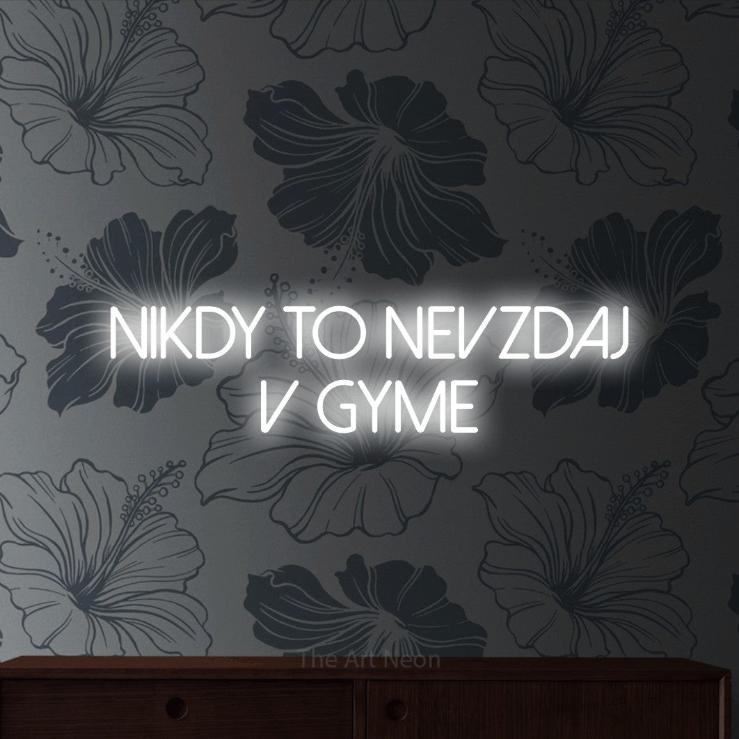 LED neon sign reading “NIKDY TO NEVZDAJ V GYME”, arranged in two lines.
