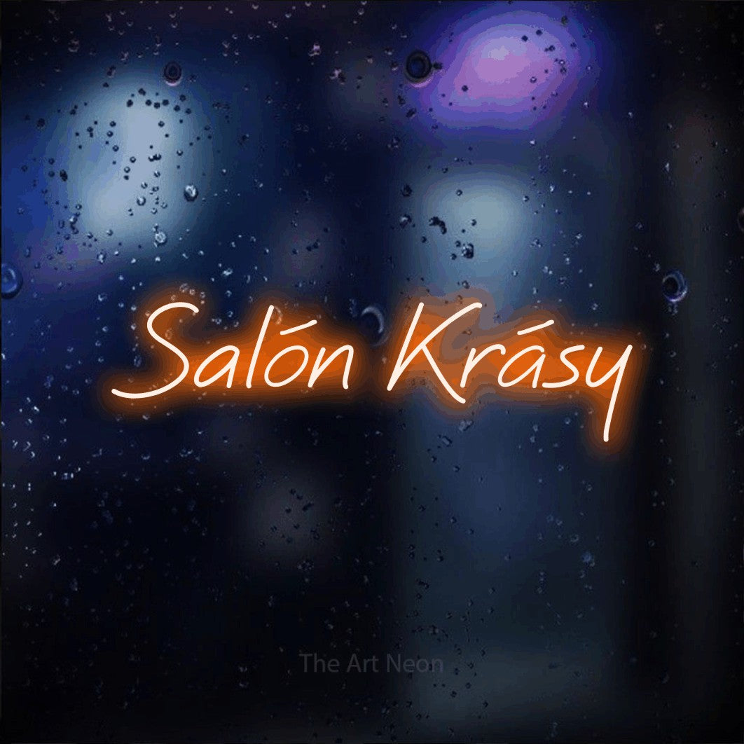 LED neon sign reading “Salón Krásy”, arranged in a single line.