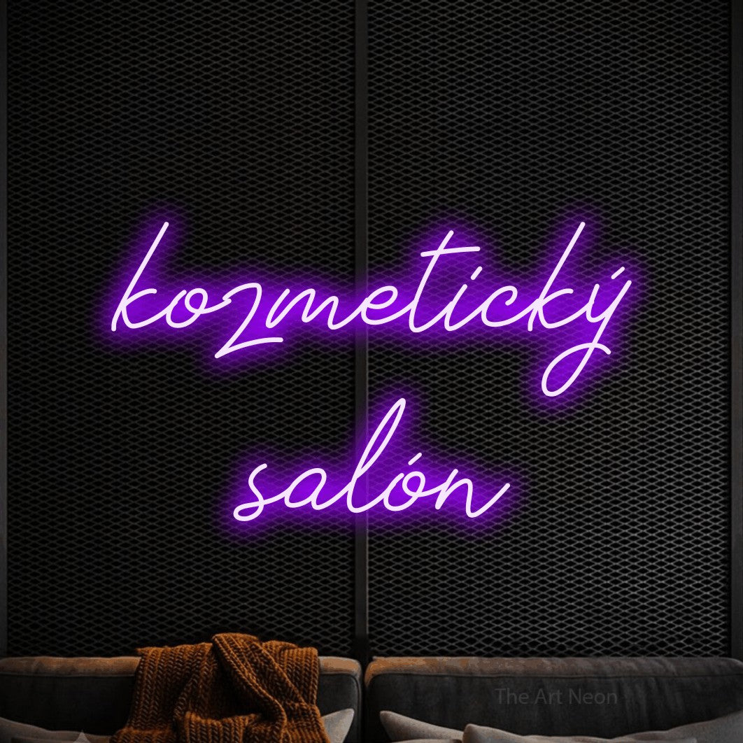 LED neon sign reading “kozmetický salón”, arranged in two lines.