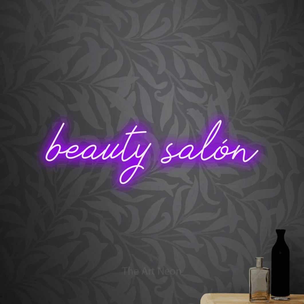 LED neon sign reading “beauty salón”, arranged in a single line.