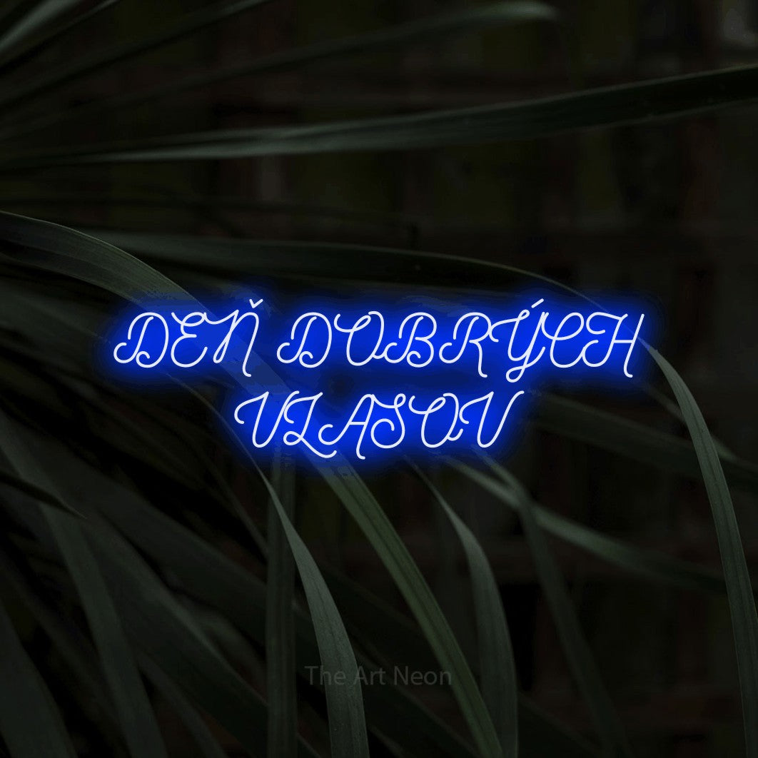 LED neon sign reading “DEŇ DOBRÝCH VLASOV”, arranged in two lines.