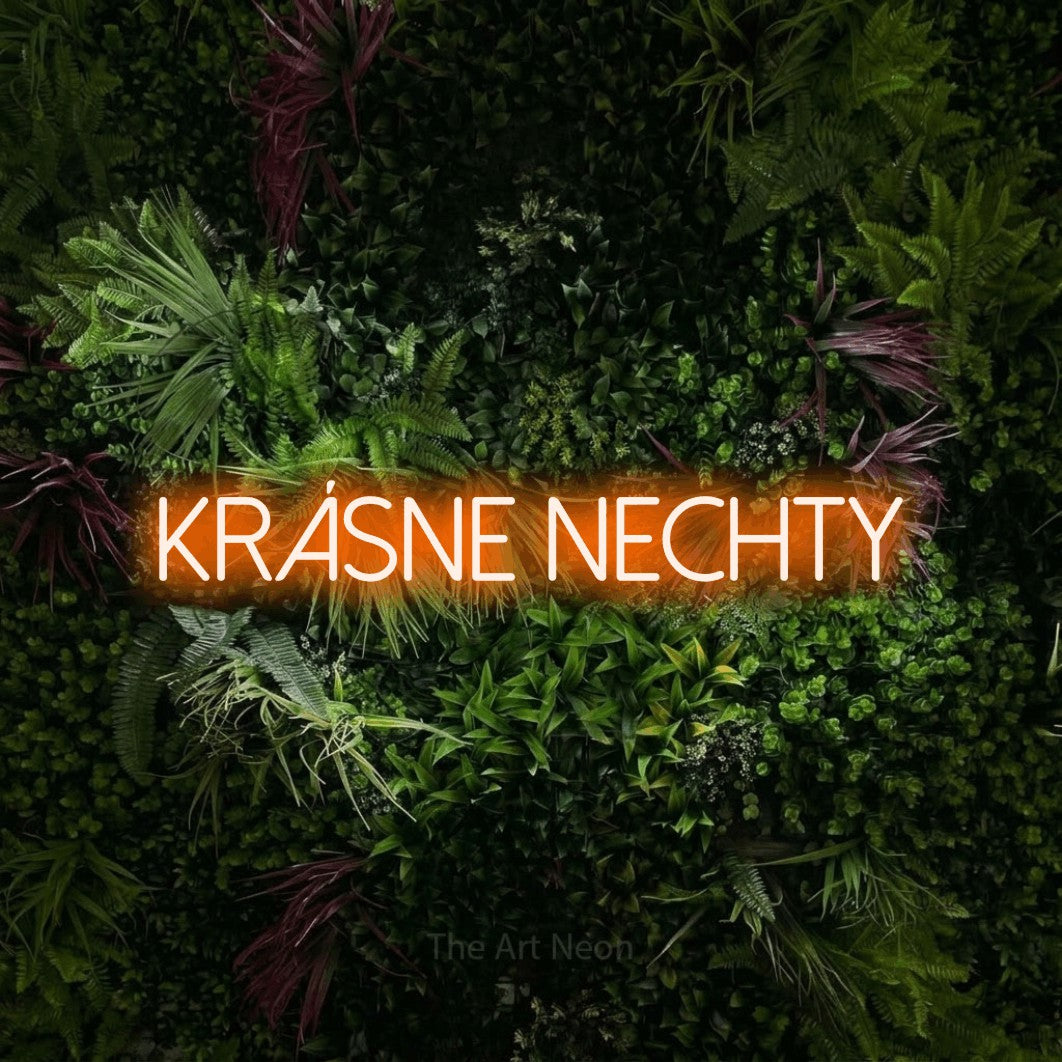 LED neon sign reading “Krásne Nechty”, arranged in a single line.