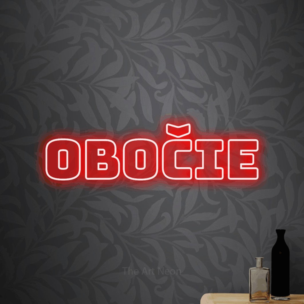 LED neon sign reading “OBOČIE”, arranged in a single line.