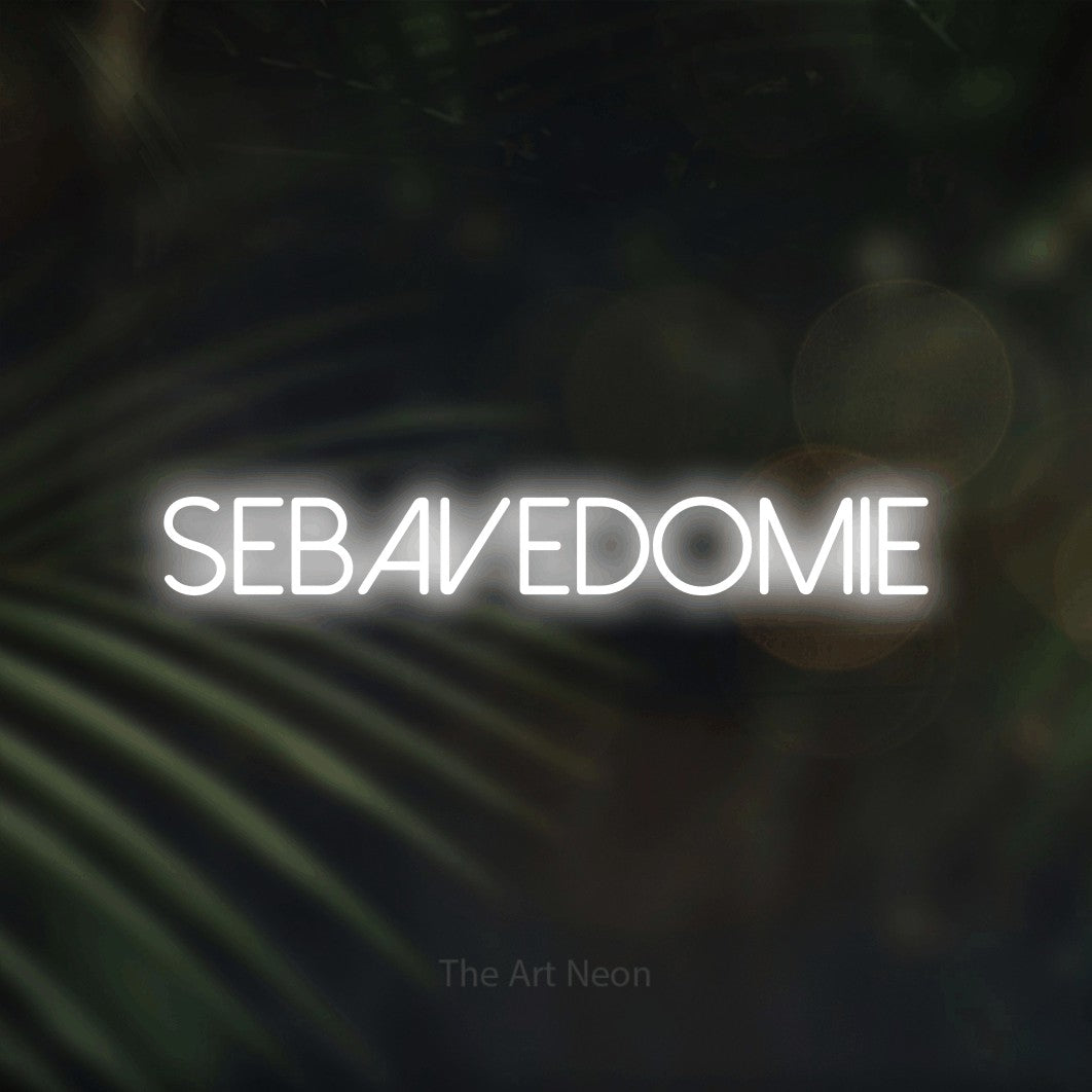 LED neon sign reading “sebavedomie”, arranged in a single line.
