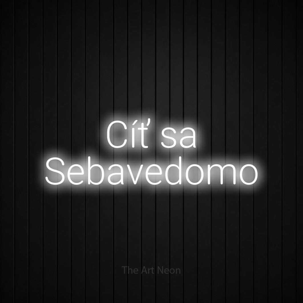LED neon sign reading “Cíť sa Sebavedomo”, arranged in two lines.