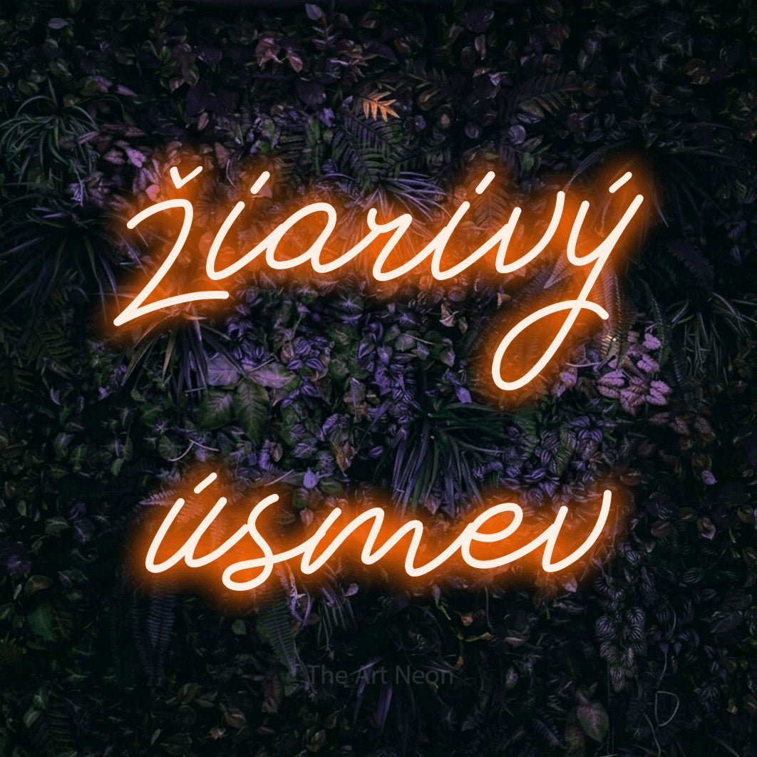 LED neon sign reading “žiarivý úsmev”, arranged in two lines.