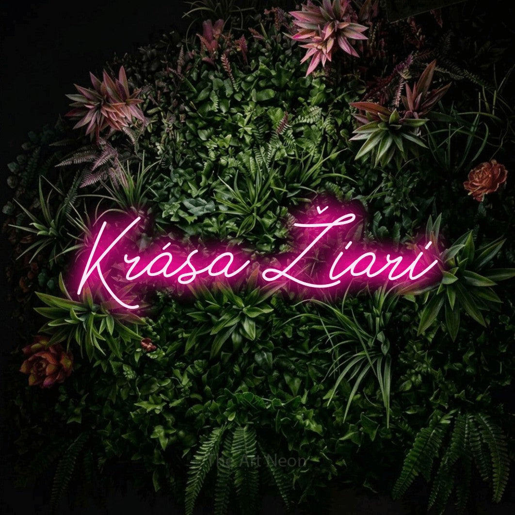 LED neon sign reading “Krása Žiari”, arranged in a single line.