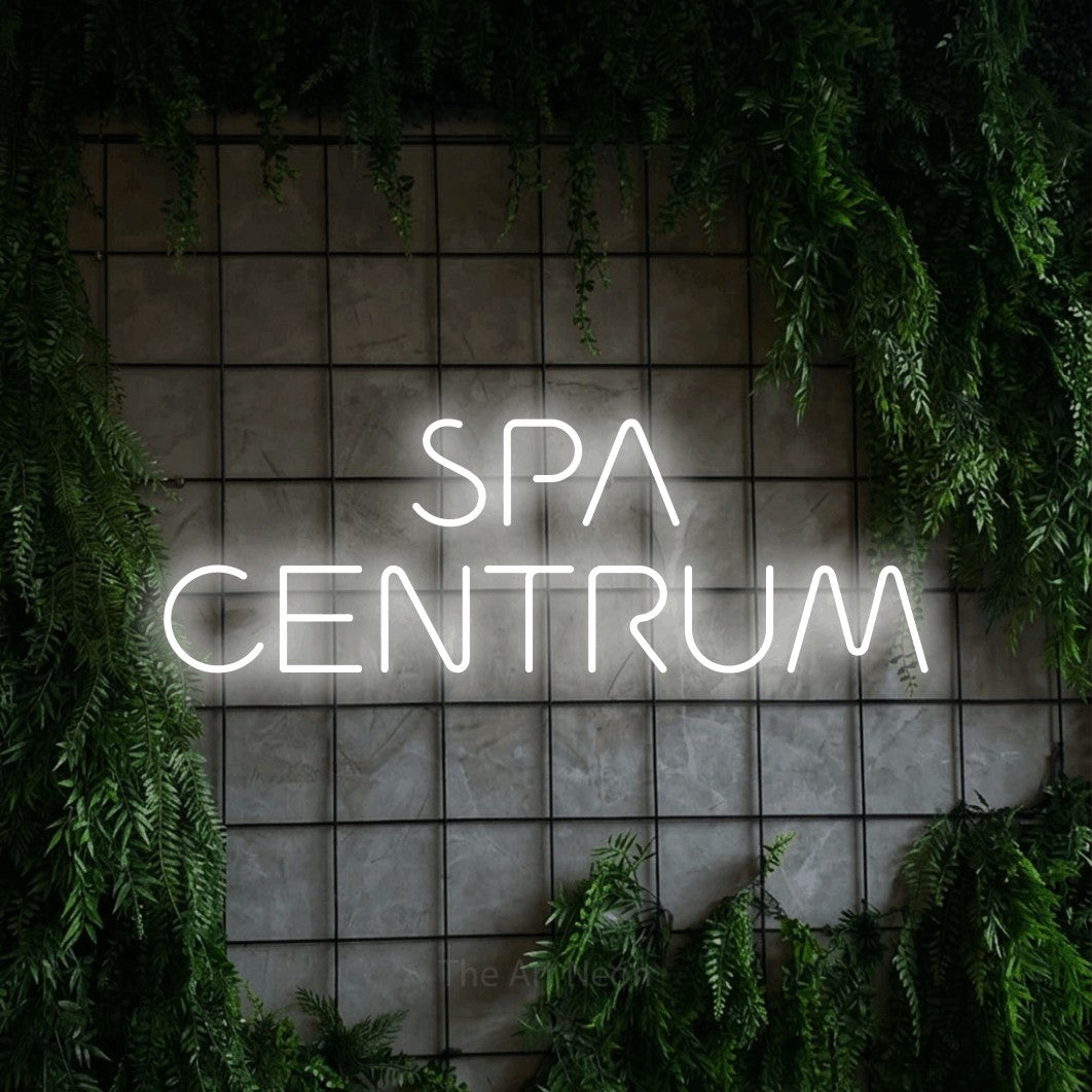 LED neon sign reading “SPA CENTRUM”, arranged in two lines.