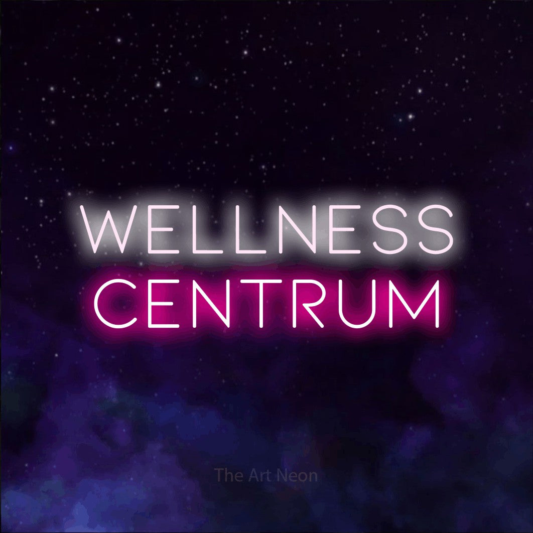 LED neon sign reading “WELLNESS CENTRUM”, arranged in two lines.