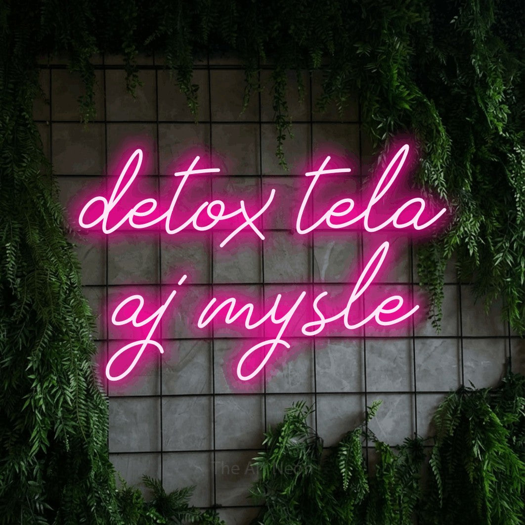 LED neon sign reading “detox tela aj mysle”, arranged in two lines.