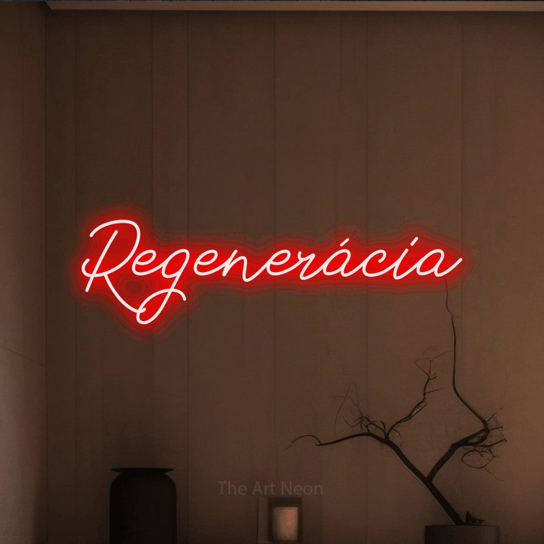 LED neon sign reading “Regenerácia”, arranged in a single line.