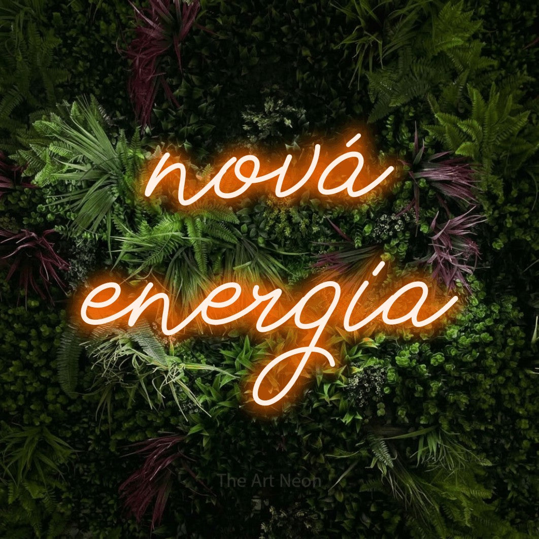 LED neon sign reading “nová energia”, arranged in two lines.