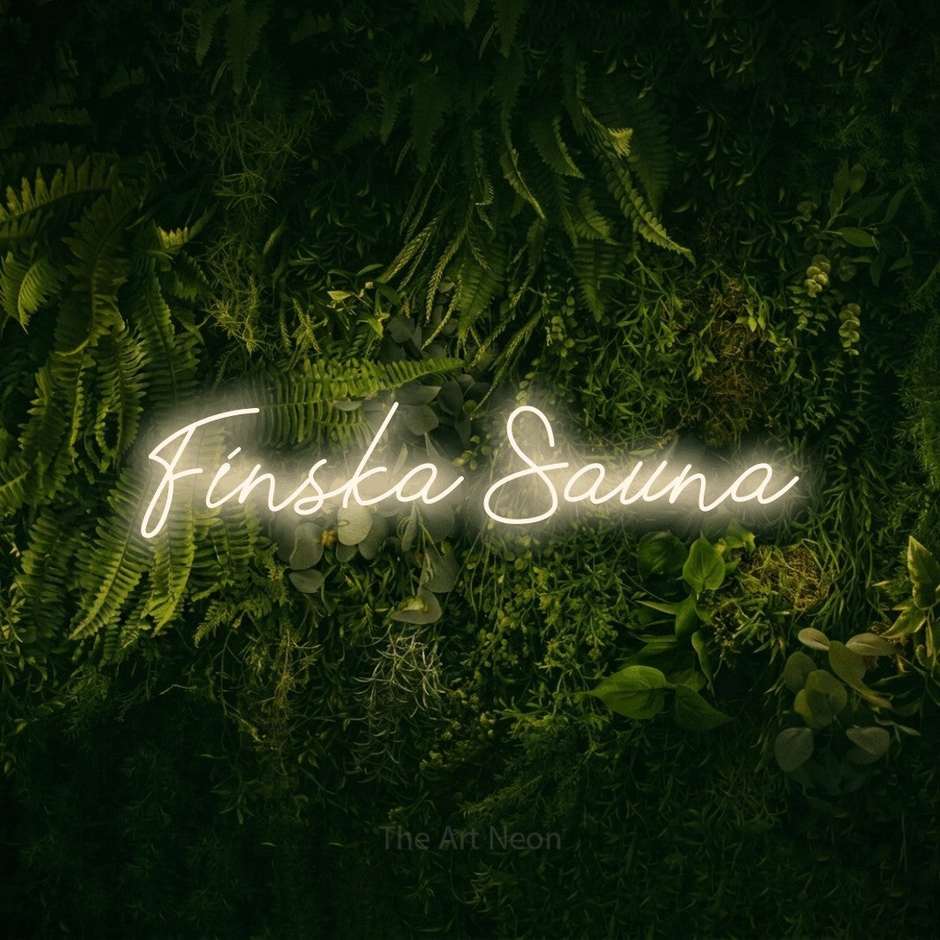 LED neon sign reading “Fínska Sauna”, arranged in a single line.