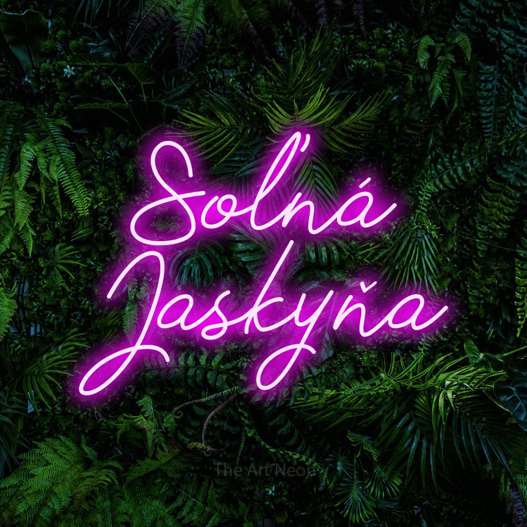 LED neon sign reading “Soľná Jaskyňa”, arranged in two lines.