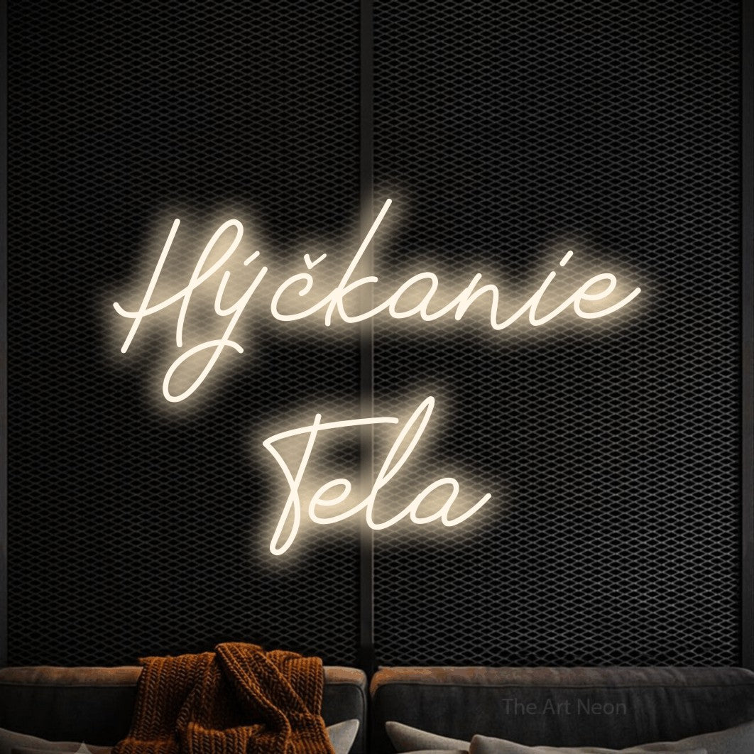 LED neon sign reading “Hýčkanie Tela”, arranged in two lines.