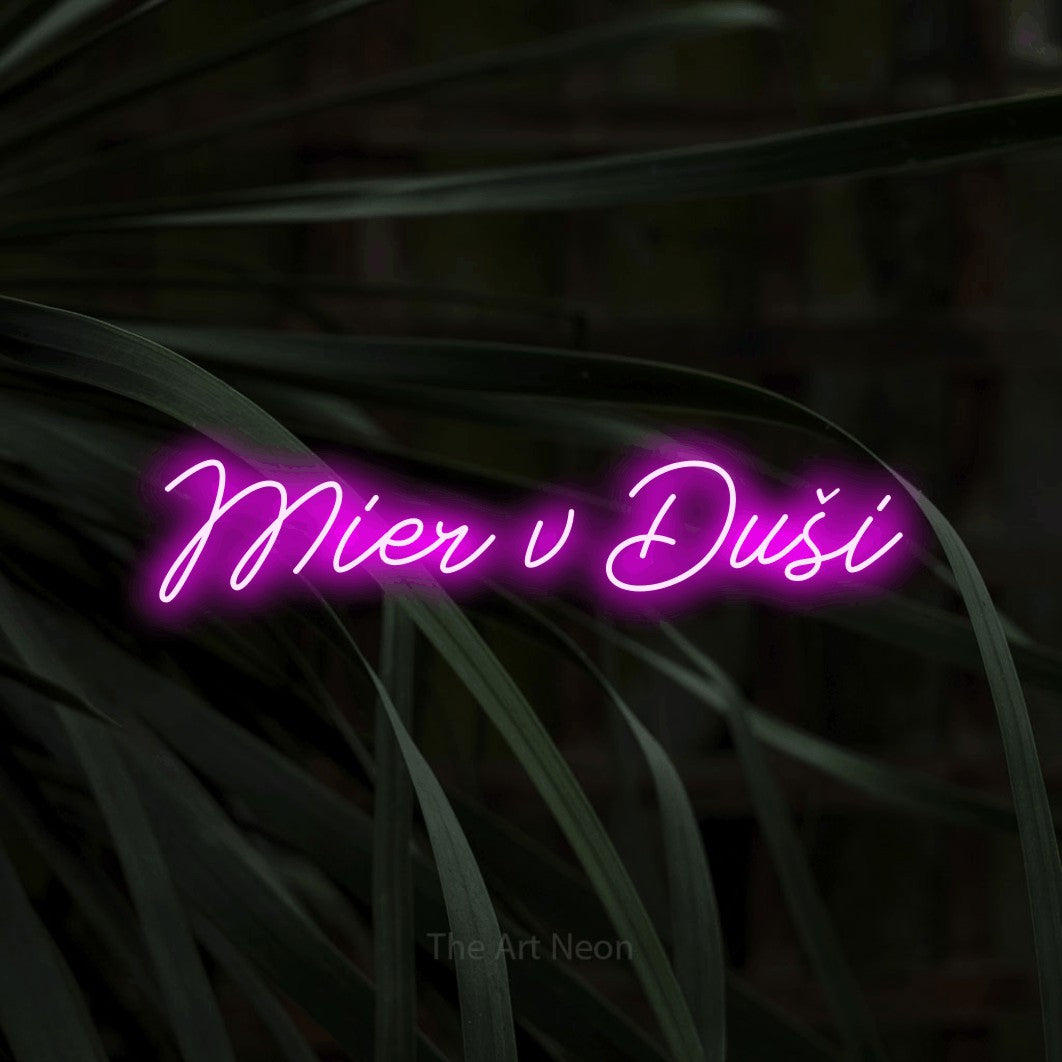 LED neon sign reading “Mier v Duši”, arranged in a single line.