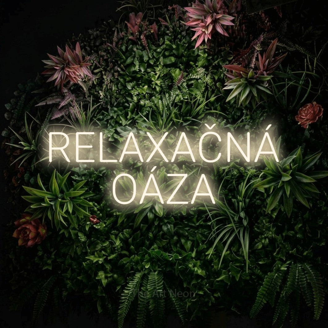 LED neon sign reading “RELAXAČNÁ OÁZA”, arranged in two lines.