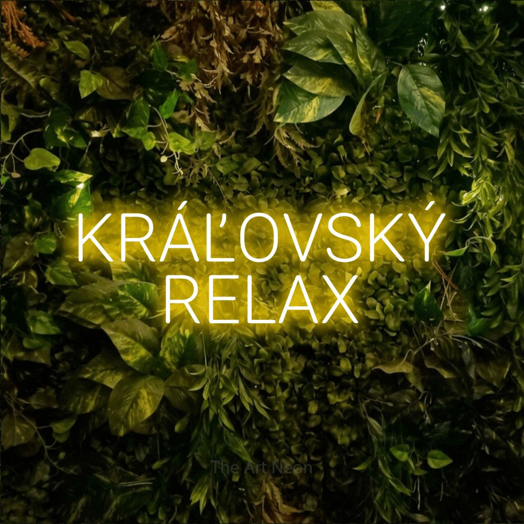 LED neon sign reading “KRÁĽOVSKÝ RELAX”, arranged in two lines.