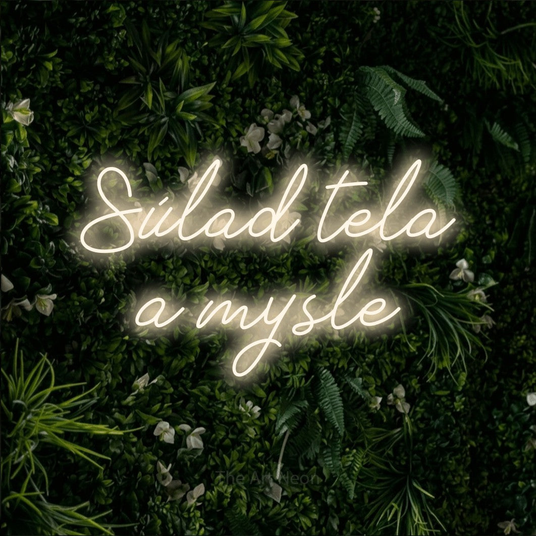 LED neon sign reading “Súlad tela a mysle”, arranged in two lines.