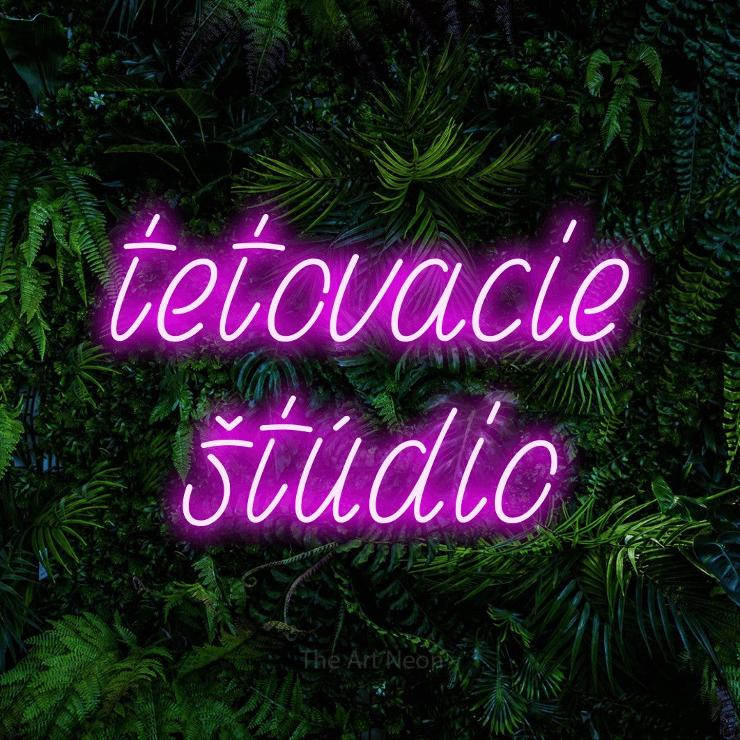 LED neon sign reading “tetovacie štúdio”, arranged in two lines.