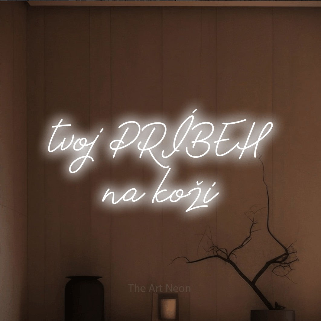 LED neon sign reading “tvoj PRÍBEH na koži”, arranged in two lines.